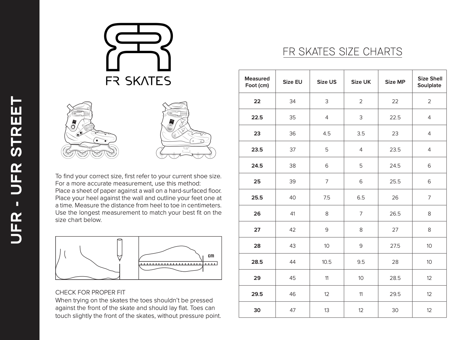 FR UFR Street Inline Skates Size Chart