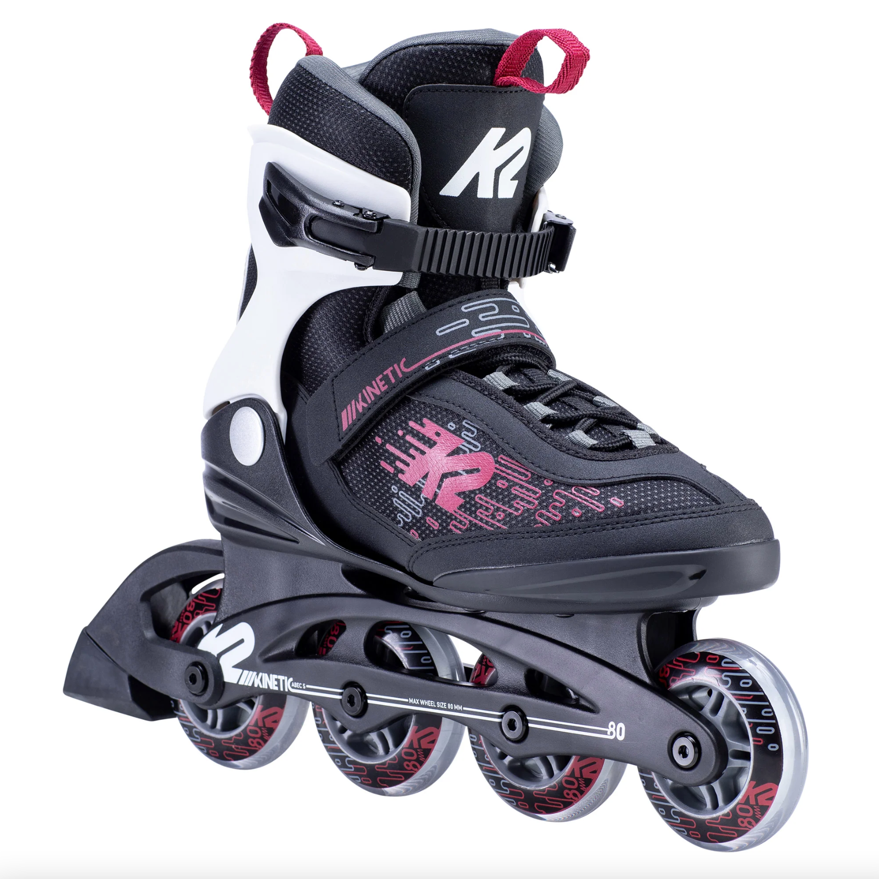 K2 Kinetic 80 Black and White and Raspberry Inline Skates, Intuition Skate Shop, Skate Shops Near Me, Inline Skates