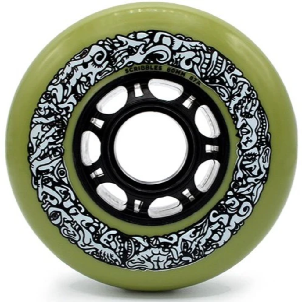 Olive Green 80mm Mushroom Blading Scribbles Inline Skate Wheels, Intuition Skate Shop, Skate Shops Near Me, Inline Skates