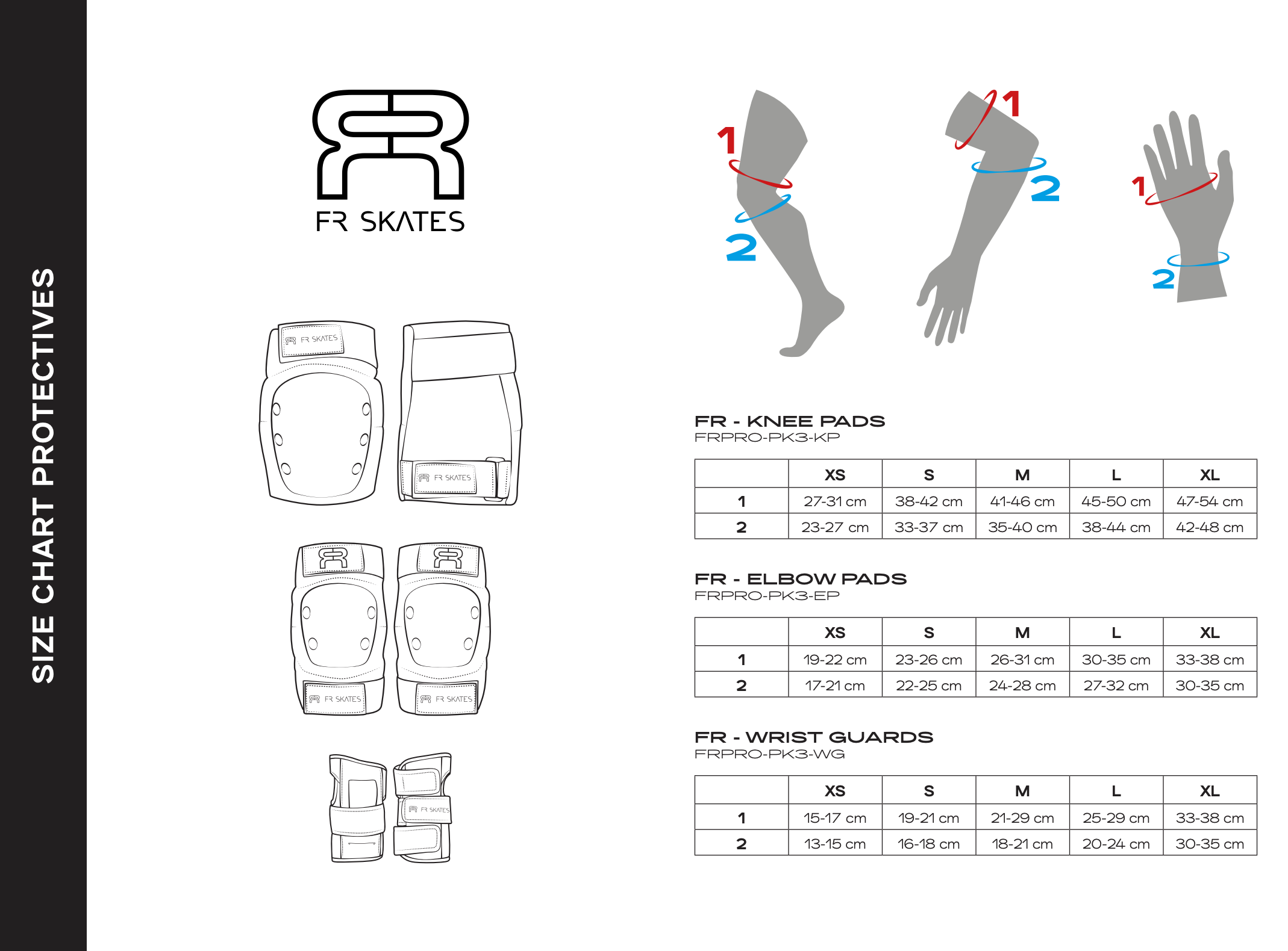 Size Chart for FR Pads Skating Protective Gear, Fit Guide for Pads Sets for Rollerblading and Roller Skating, Intuition Skate Shop 